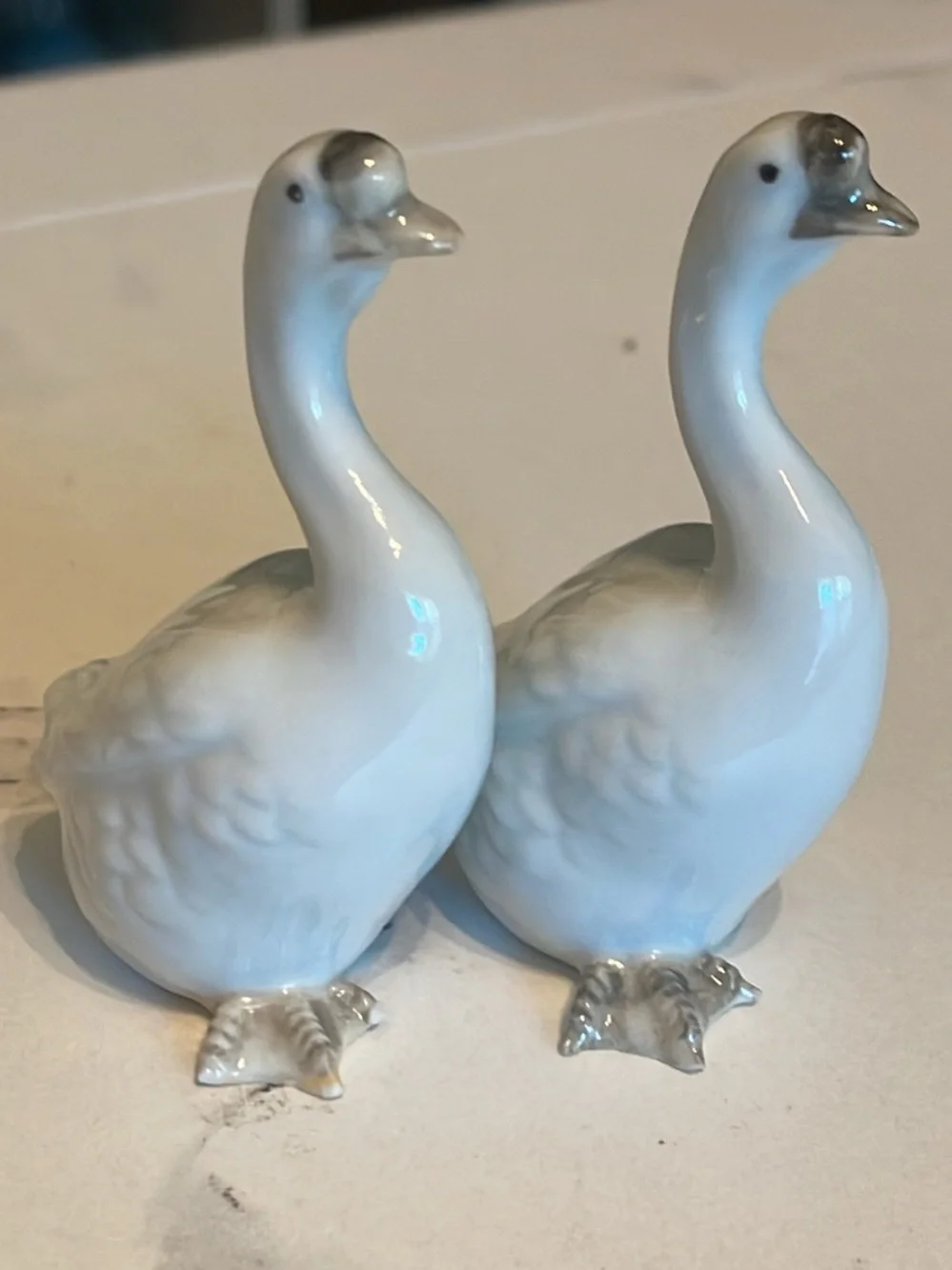 Porcelain Goose Figurine Pair in White with Silver Accents- 3”X 1 3/4”